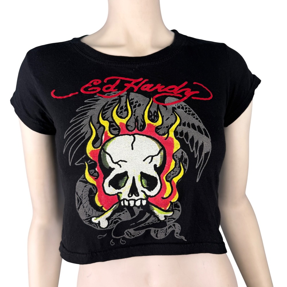 Y2K Ed Hardy Small Skull Flames Crop Top‎ Black Short Sleeve Tee Tattoo Graphic